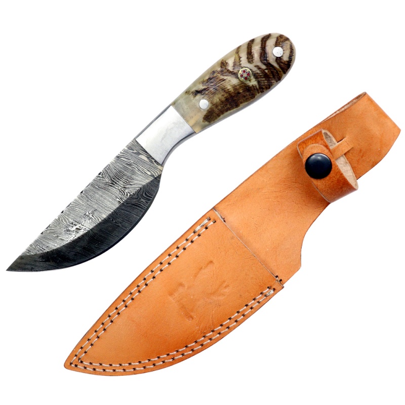 Theboneedge 9" Ram Handle Steel Bolster Damascus Blade Hunting Knife With Leather Sheath