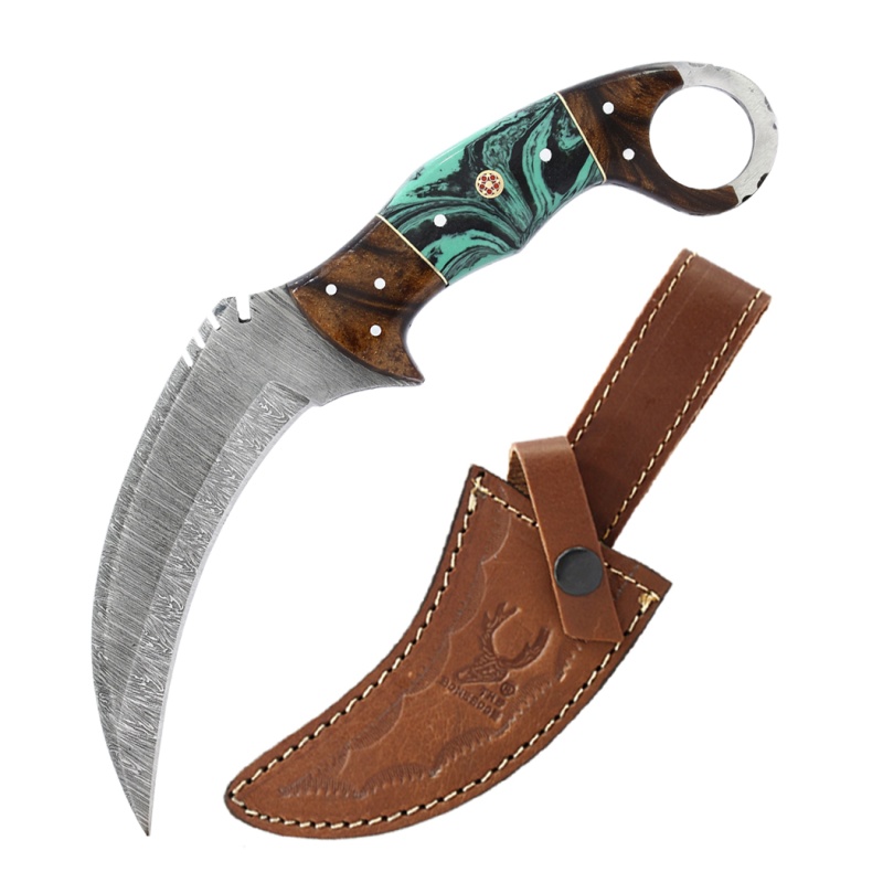 Theboneedge 8.5" Damascus Blade Hunting Knife Resin Handle With Leather Sheath