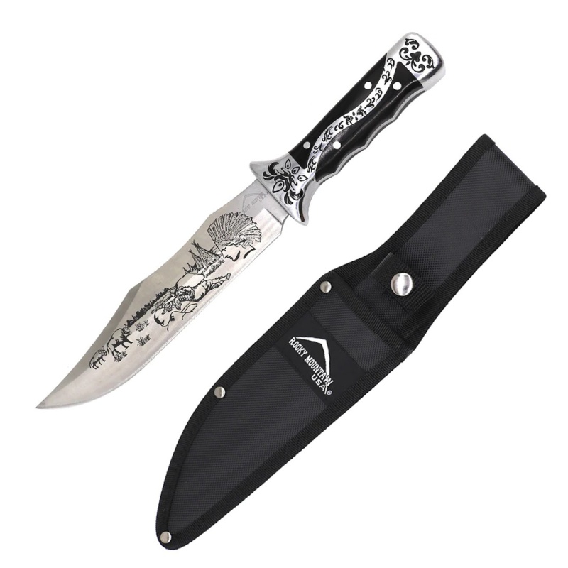 13.5" Native American Engraved Blade Wood Handle Hunting Knife With Sheath