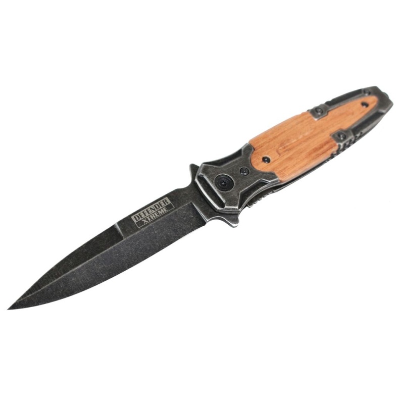8" Defender Xtreme Spring Assisted Knife With Stone Washed Blade & Wood Handle