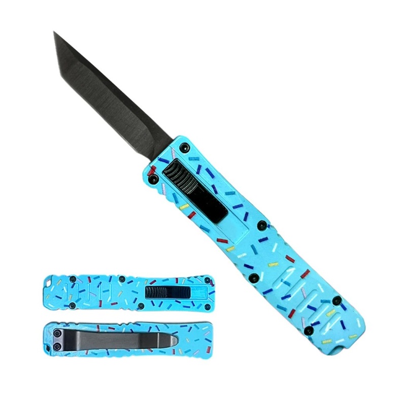 5.25" Mini Folding Pocket Knife Stainless Steel Tanto Blade Sprinkles Blue Handle