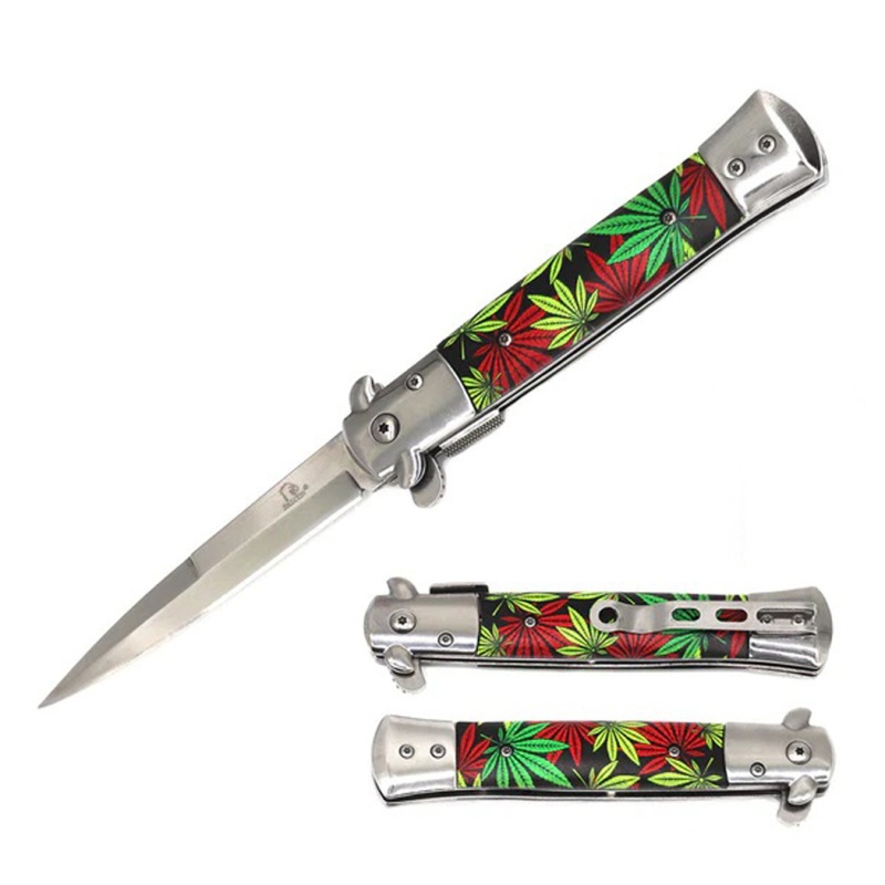 8" Silver Blade Leaf Design Handle Spring Assisted Folding Knife With Clip