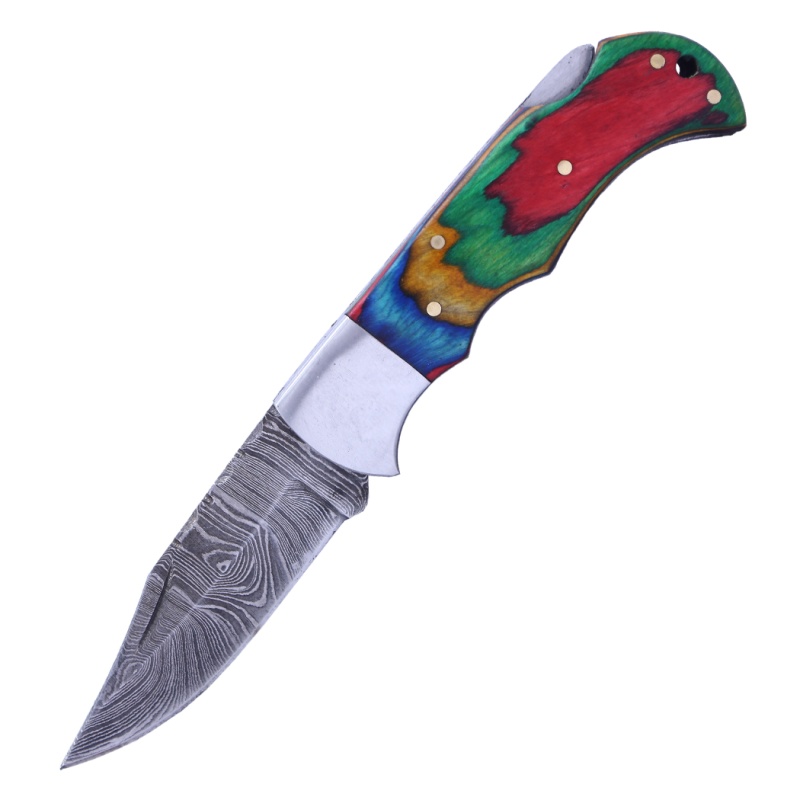 Theboneedge 6.5" Damascus Blade Folding Knife Multi Wood Handle With Pouch