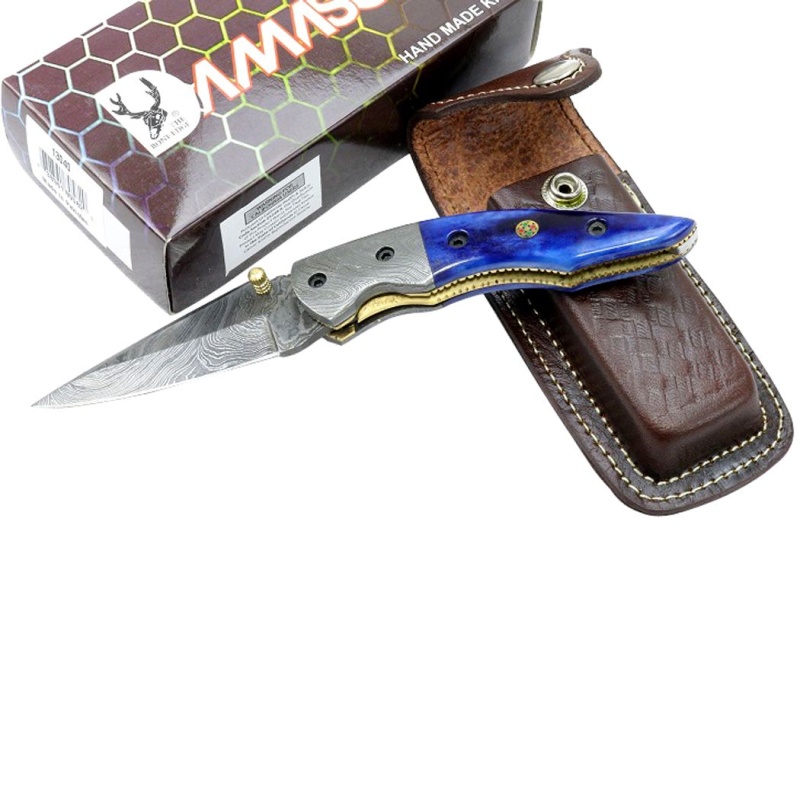 7.5-Inch Damascus Folding Knife with Blue Horn Handle