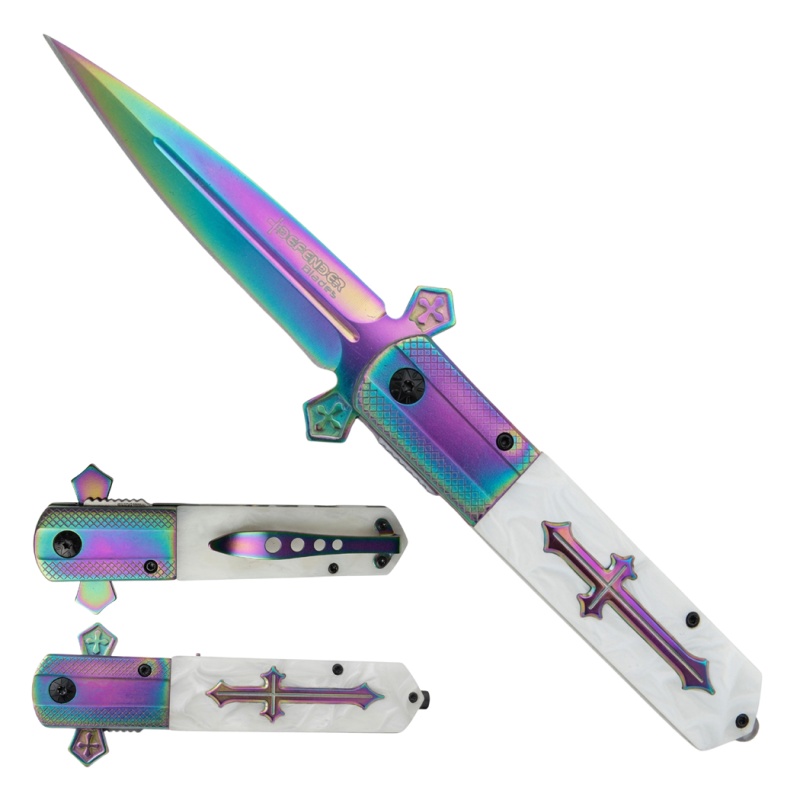 9" Rainbow Blade White Poly Resin Handle Folding Knife