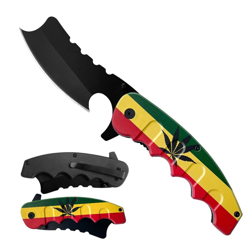 8" Leaf Printed Handle Mini Butcher Style Spring Assisted Folding Knife W/ Belt Clip