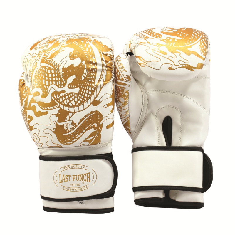Last Punch 3D Printed Pro Style Training Sparring Boxing Gloves - White & Gold 14 Oz