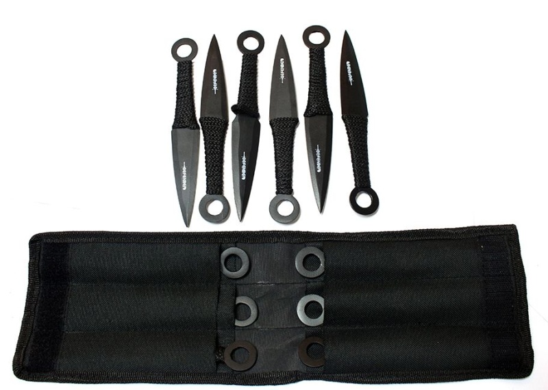 Set Of 12 Black Throwing Knives 6" With Black Handle & Sheath