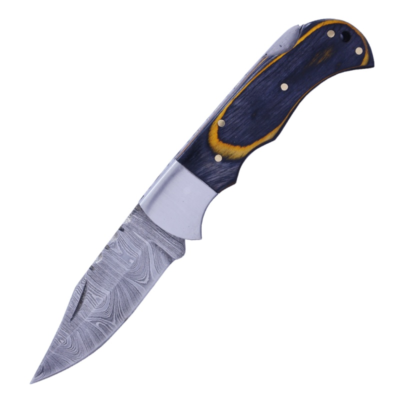 Theboneedge 6.5" Damascus Blade Folding Knife Black & Yellow Wood Handle With Pouch