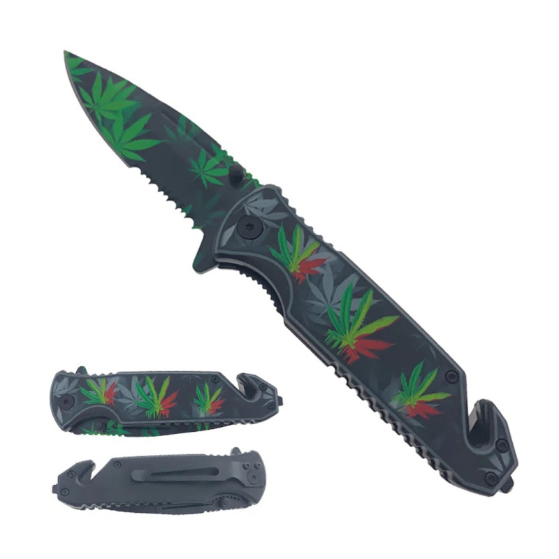 7.75" Green Leaf Printed Semi Automatic Spring Assisted Folding Knife With Belt Clip