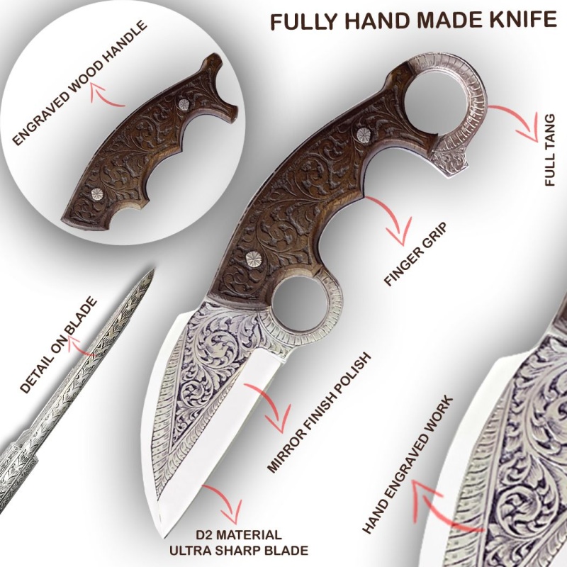 Theboneedge 9.5" Custom Hand Made Engraved Blade & Handle Hunting Knife With Sheath