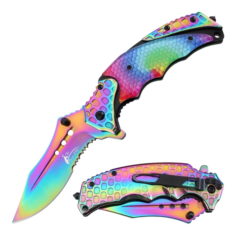 Theboneedge 8.5" All Rainbow Color Serrated Blade Spring Assisted Folding Knife With Belt Cutter & Clip