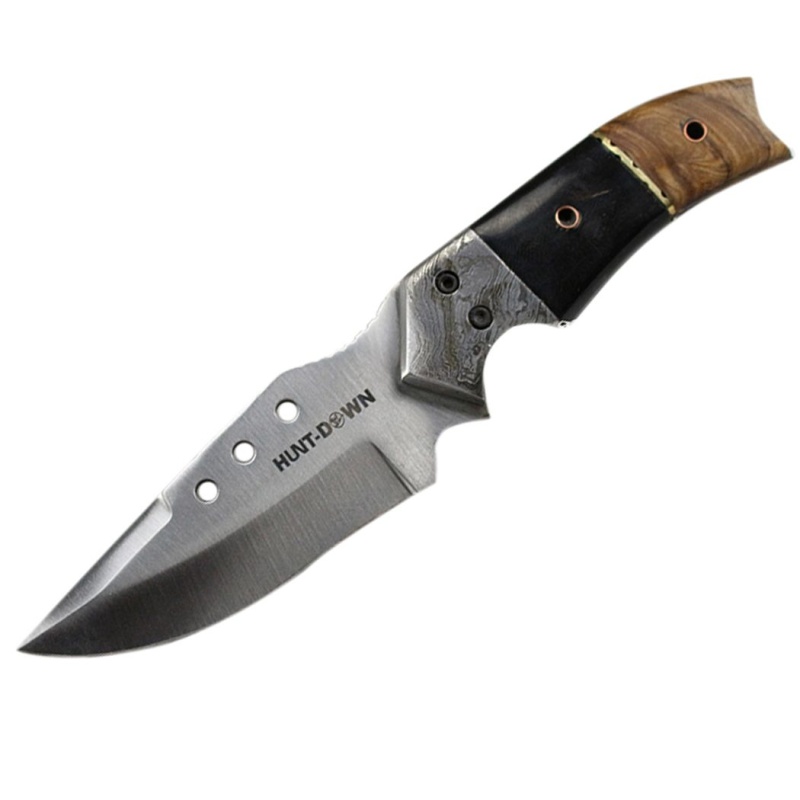 9" Huntdown Full Tang Drop Pointed Hunting Knife With Decorative Handle And Leather Sheath