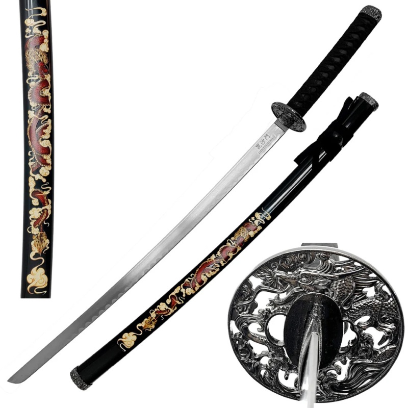 39.5" Dragon Print Design Carbon Steel Blade Black Samurai Sword