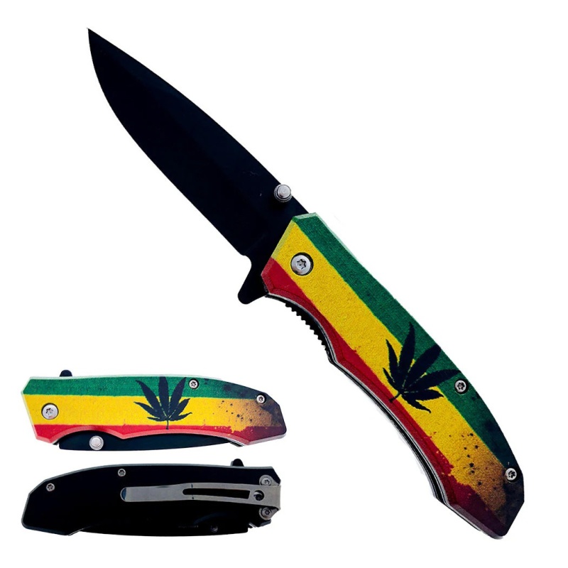 7" Black Blade Leaf 3D Print Abs Handle Spring Assisted Folding Knife With Belt Clip