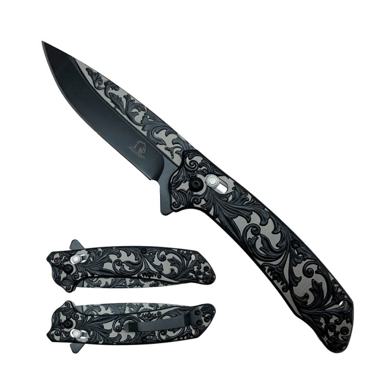 8" Black Titanium Engraved Floral Design Spring Assisted Folding Pocket Knife With Clip