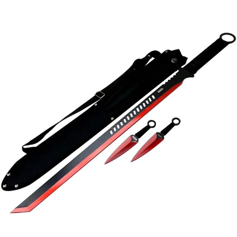 27" Red 2 Tone Blade Sword With 2 Throwing Knives And Sheath