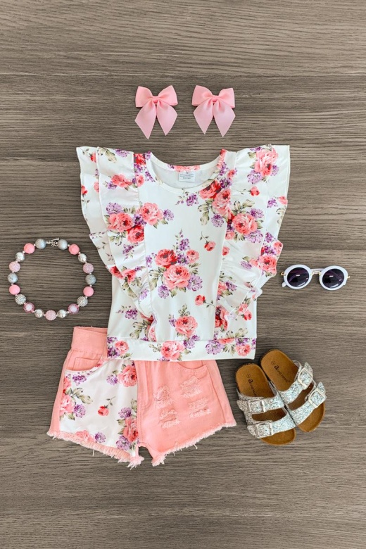 Sparkle In Pink Pink & White Floral Distressed Denim Short Set