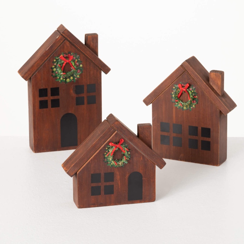 Wood House With Wreath Set 3