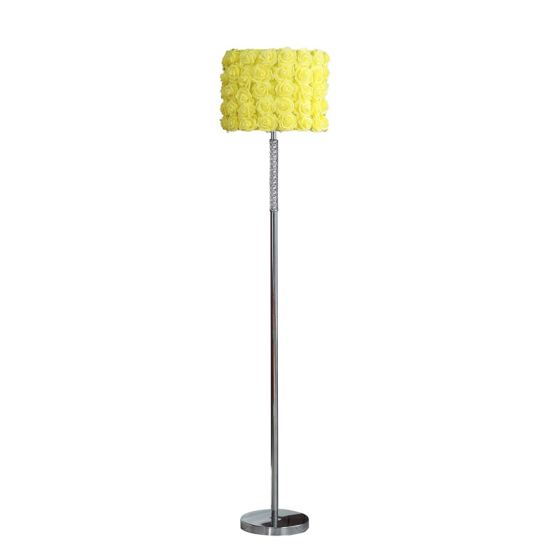 63-Inch Steel and Acrylic Floor Lamp with Yellow Flowers Fabric Drum Shade