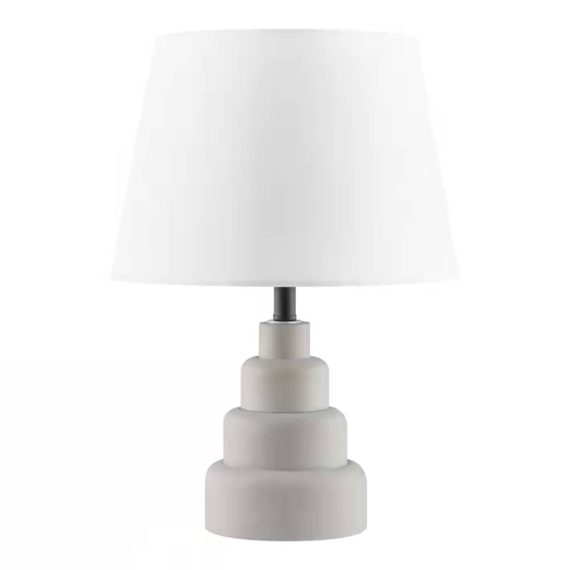 Small Grey Desk Light Table Lamp With White Fabric Shade For Bedside Nightstand