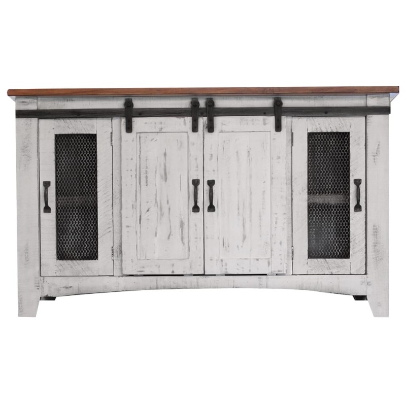 60" White Solid Wood Cabinet Enclosed Storage Distressed Tv Stand