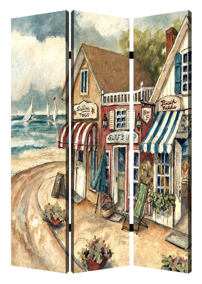 48 X 72 Multi Color Wood Canvas Seaside Town Slate Screen