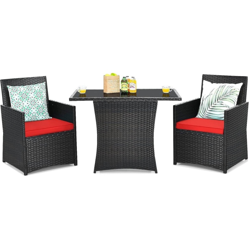 3-Piece Brown PE Rattan Outdoor Dining Set with Red Cushions