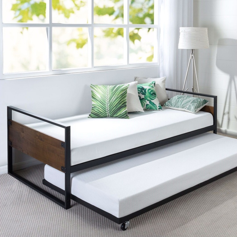 Twin Size Metal Wood Daybed Frame With Roll Out Trundle Bed