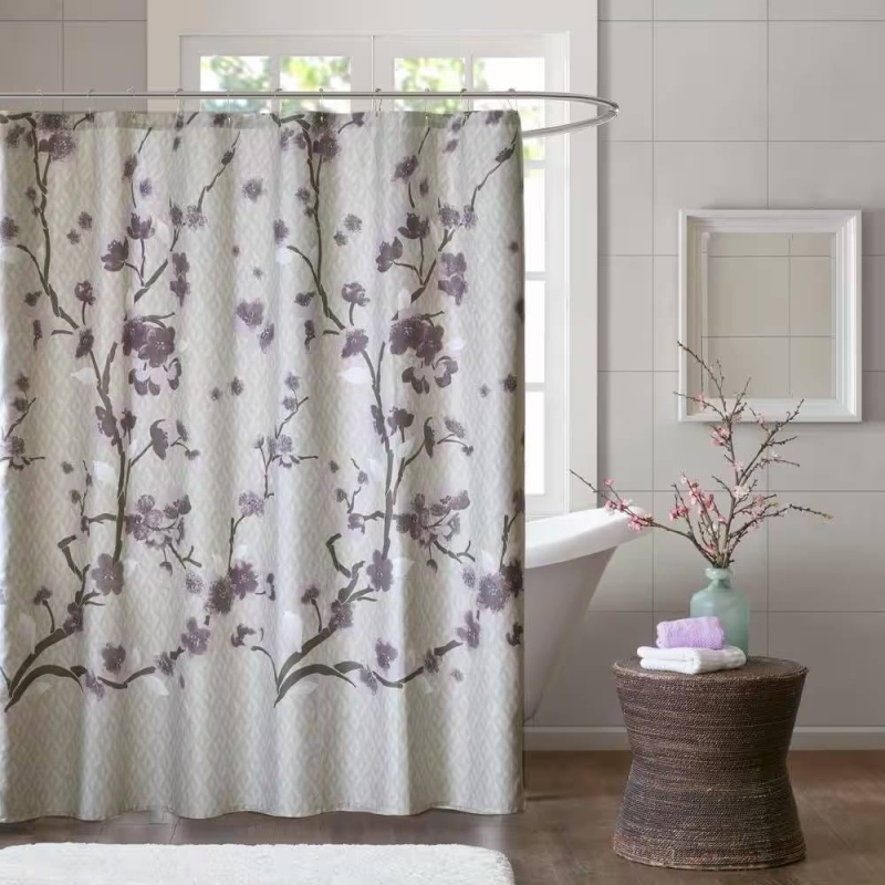 72 X 72 In Cotton Shower Curtain With Purple Grey Beige Floral Blossom Pattern
