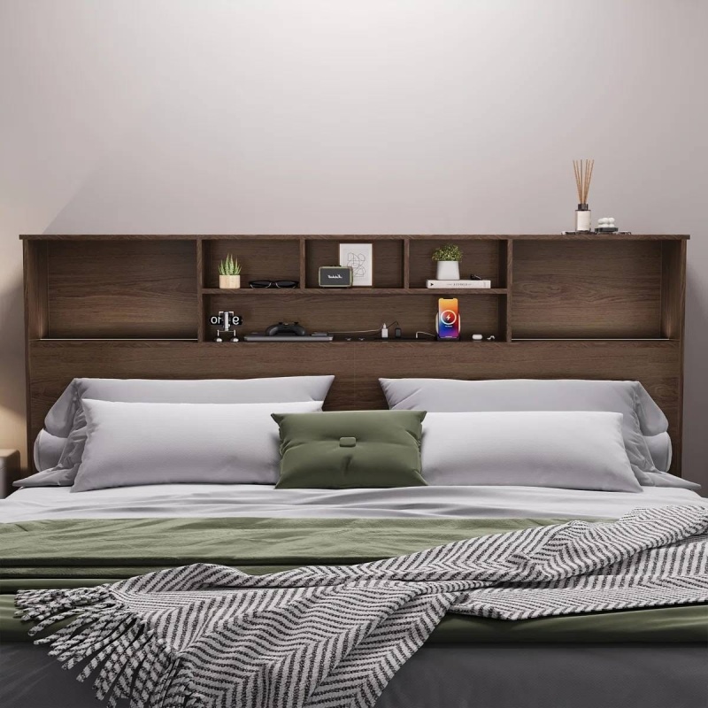 King Size Bookcase Headboard In Brown Wood Finish With Led Lights