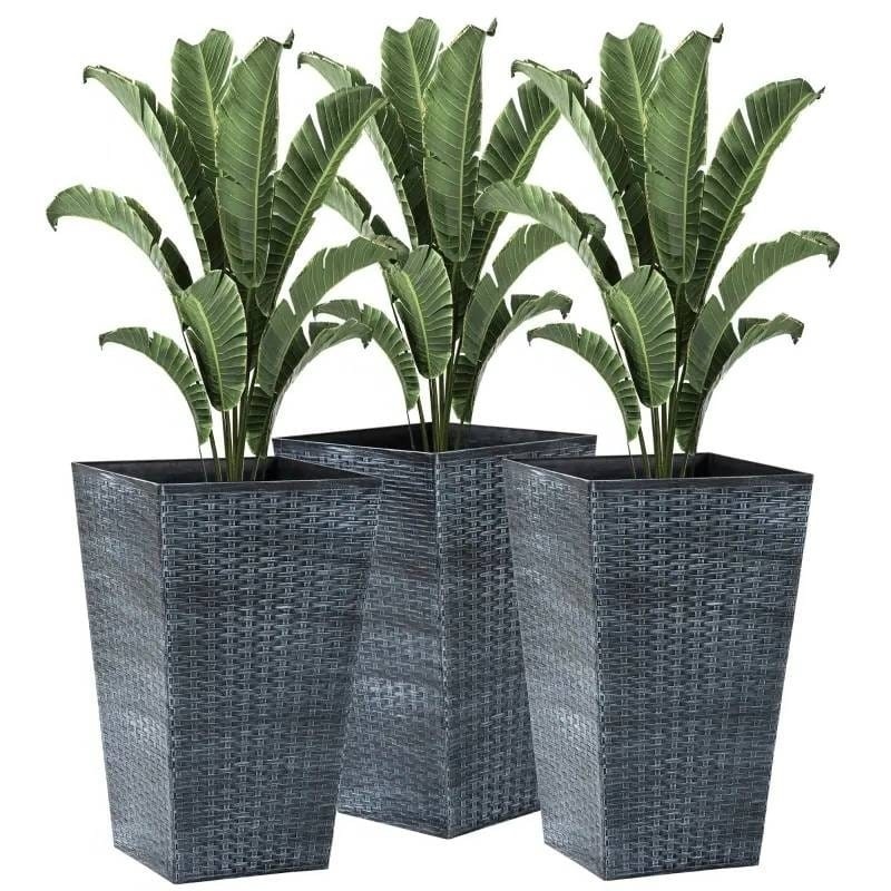 Set Of 3 - Grey Faux Rattan Plastic Tall Large Flower Pots
