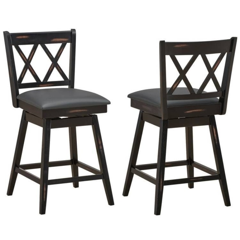 Set Of 2 Black Wood 24-In Counter Height Farmhouse Swivel Cushion Seat Barstools