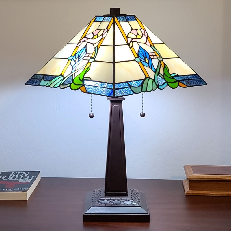 22" Dark Brown Metal Two Light Candlestick Table Lamp With Blue And Beige Shade