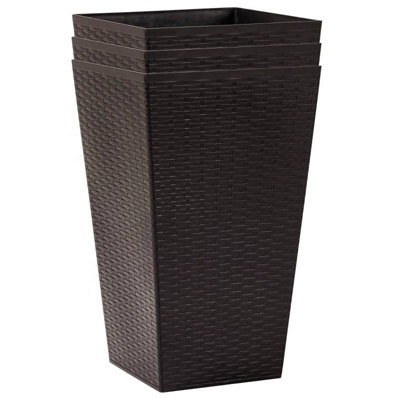 Set Of 3 - Brown Faux Rattan Plastic Tall Large Flower Pots