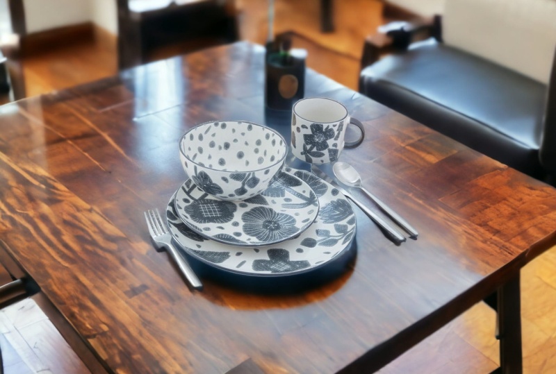 Gray And Ivory Sixteen Piece Round Floral Ceramic Service For Four Dinnerware Set
