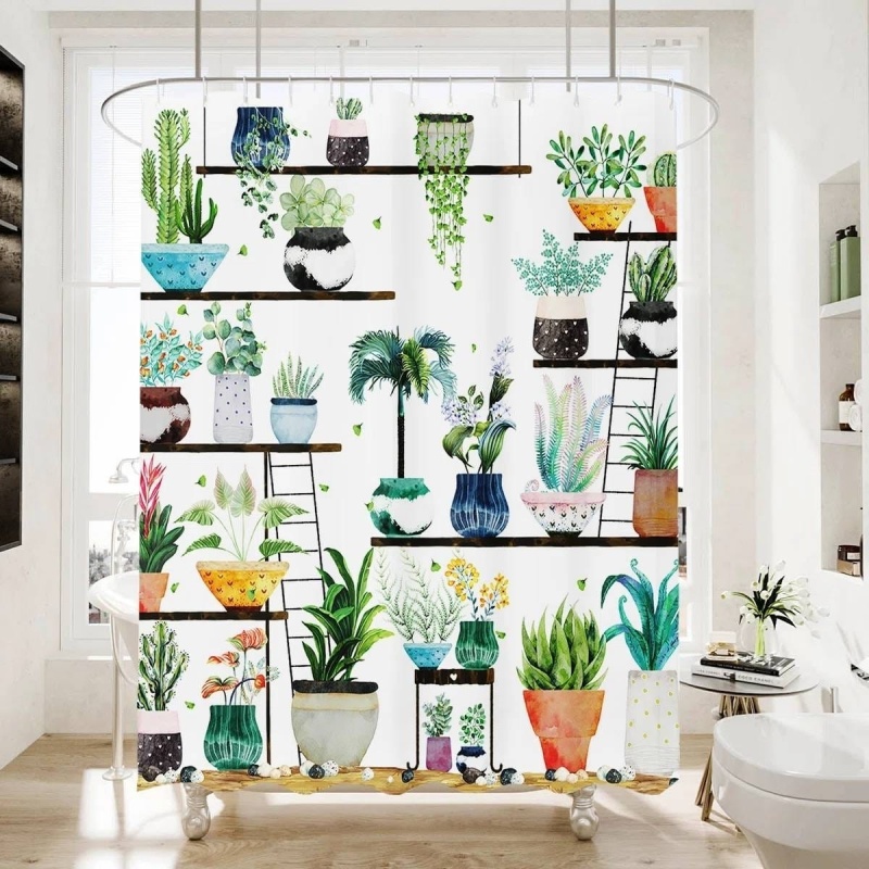 72-In. Watercolor Plants Botanical Floral Flower Pots Succulents Shower Curtain