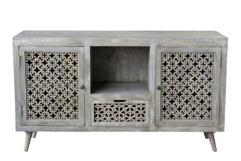 55" Gray Solid Wood Cabinet Enclosed Storage Worn Tv Stand