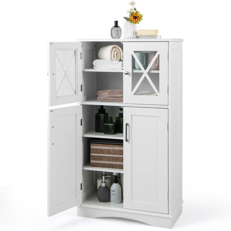 White Bathroom Towel Linen Cabinet with Glass Doors