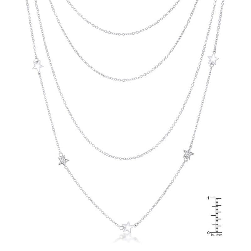 Multi-Chain Rhodium Star Necklace With Cz