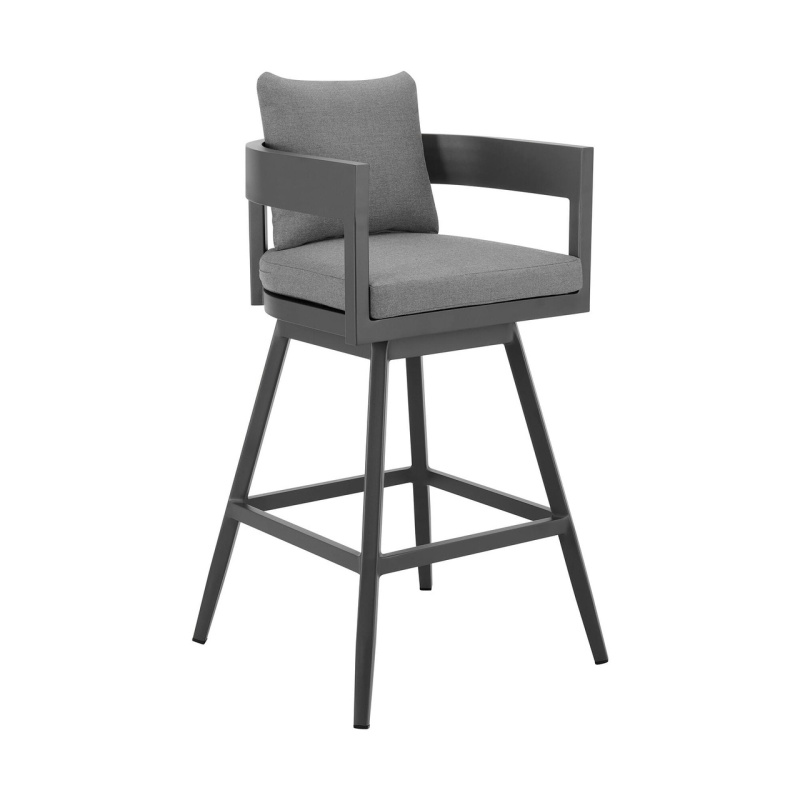 34" Dark Gray Metal Swivel Low Back Outdoor Counter Height Bar Chair With Footrest