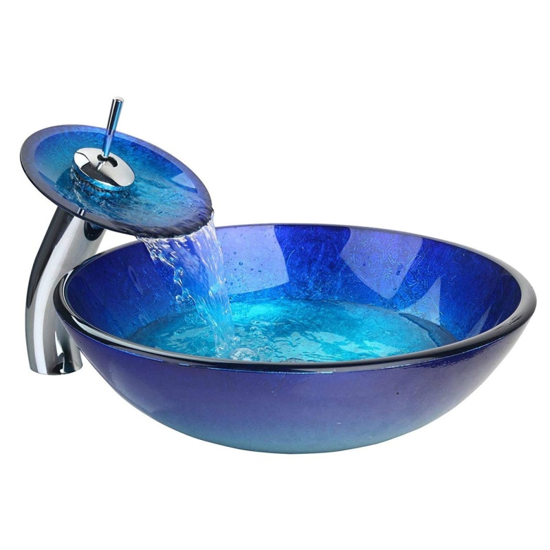 Modern Blue Glass Bathroom Vessel Sink and Faucet