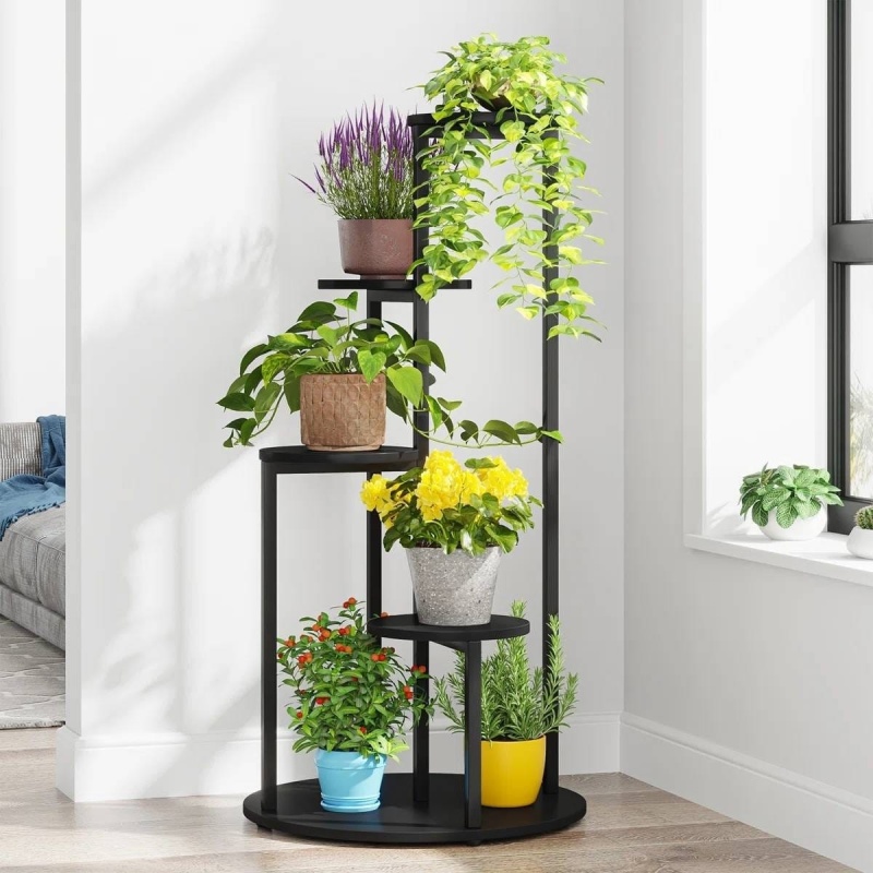 5-Tier Indoor Plant Stand With Black Metal Frame And Brown Wood Finish Shelves