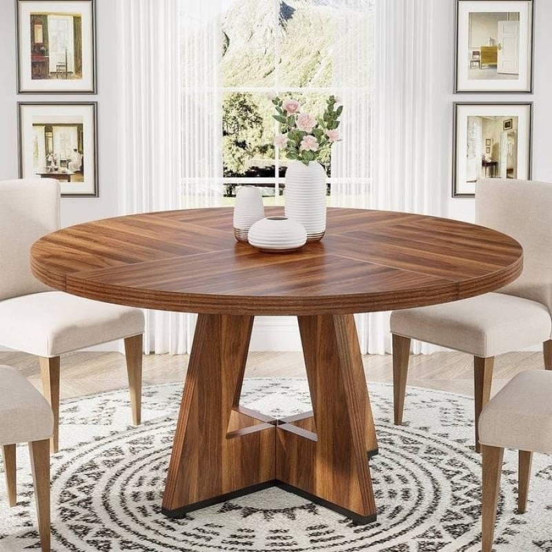 Farmhouse 47-Inch Round Kitchen Dining Table In Vintage Brown Wood Finish