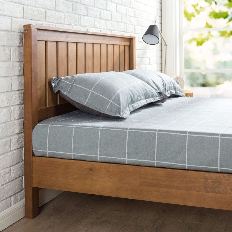 Queen Solid Wood Platform Bed Frame With Headboard In Medium Brown Finish