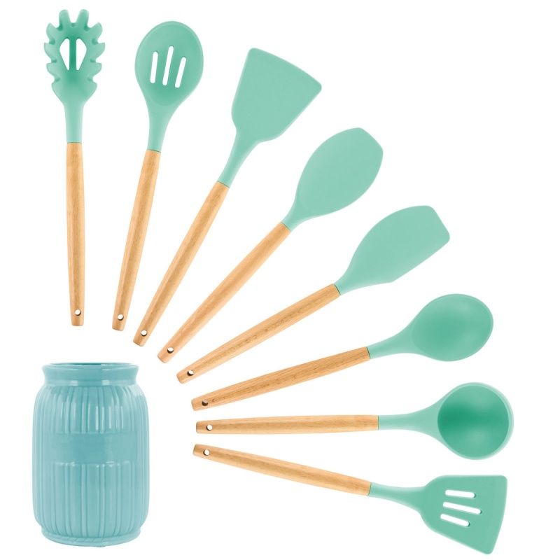 Megachef Mint Green Silicone and Wood Cooking Utensils, Set of 9