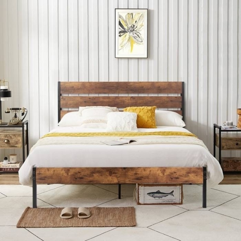 Full Industrial Platform Bed with Brown Wood Slats