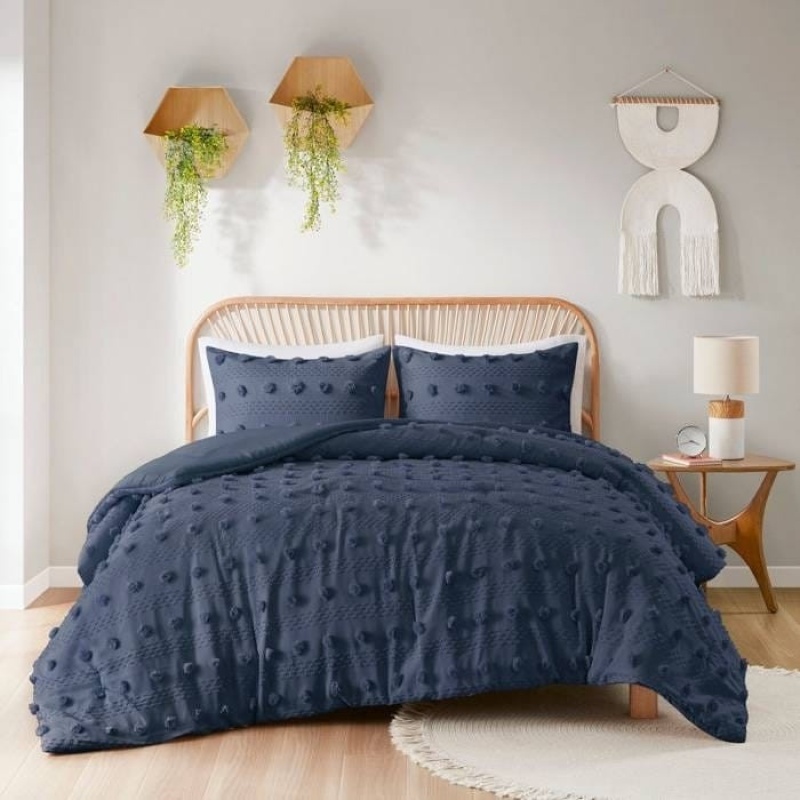 King/Cal King 3-Piece Navy Pompom Microfiber Hypoallergenic Comforter Set