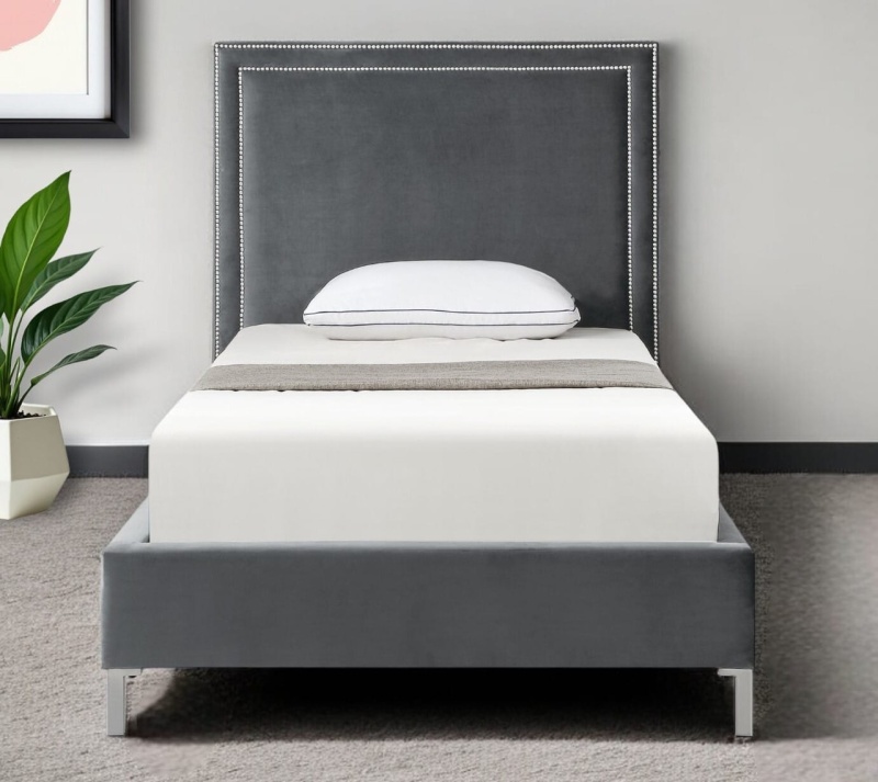 Gray Solid Wood Full Upholstered Velvet Bed With Nailhead Trim