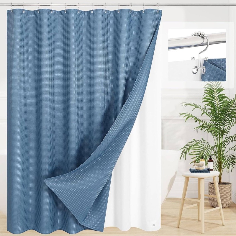 Blue Waffle Textured 3-in-1 Shower Curtain Set